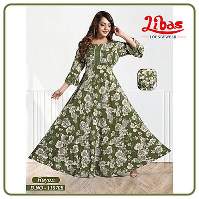 Saratoga Green Premium Rayon Anarkali Gown With Floral Print All Over From Libas Loungewear - AN066