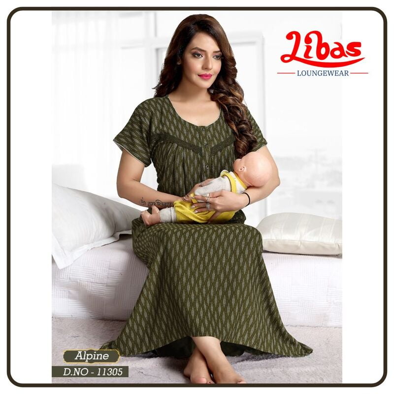 Madras Green Spun Cotton Pleated Feeding Nighty With Side Zip From Libas Loungewear - FNT072