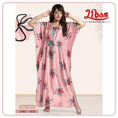 Pale Chestnut Armani Satin Kaftan Nighty With Floral Print All Over From Libas Loungewear - KF356