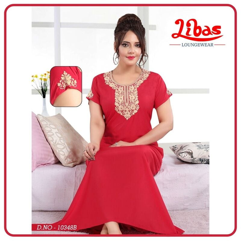Cardinal Red Bizi Lizi Plain Embroidery Nighty From Libas Loungewear - EN090