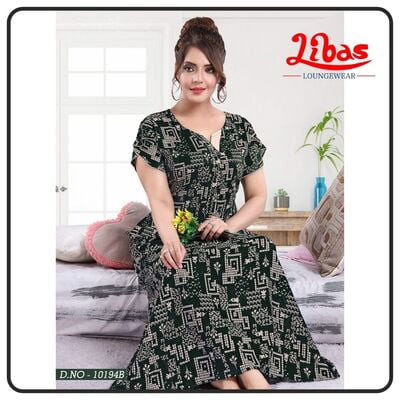 Dark Green Spun Cotton Nighty With Geometric Print All Over From Libas Loungewear - PS364
