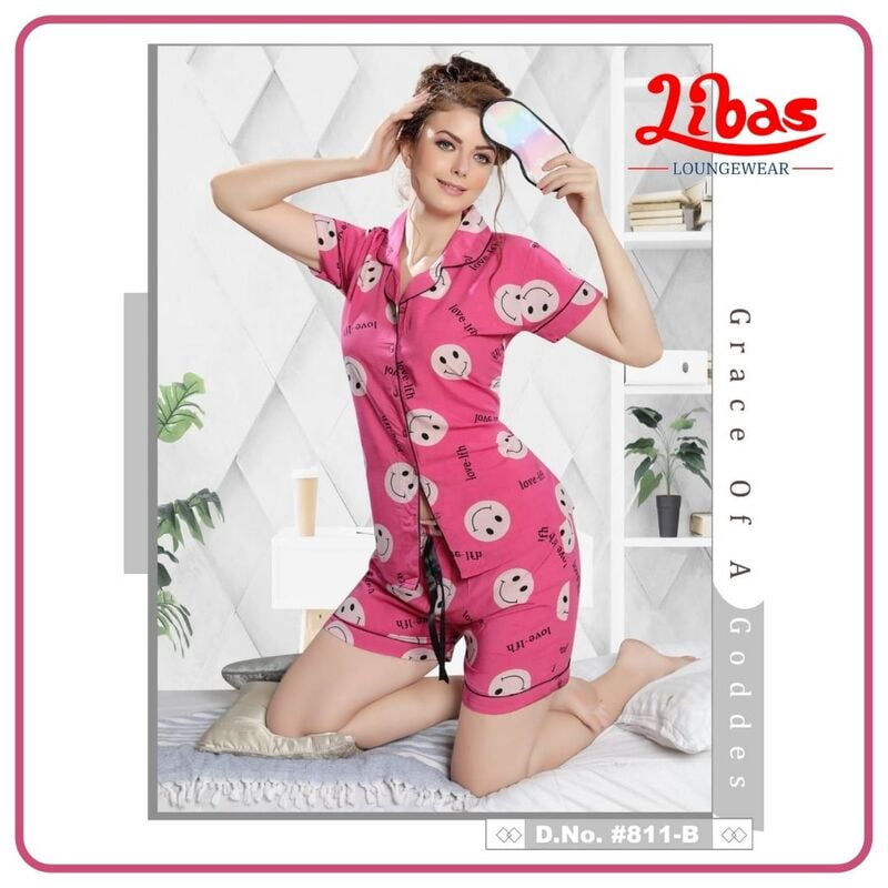 Dark Pink Rayon Women Shorts Set With Smile Prints & Button Closure By Libas Loungewear - SPS014