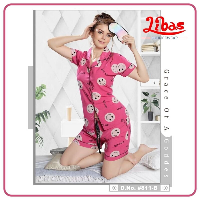 Dark Pink Rayon Women Shorts Set With Smile Prints & Button Closure By Libas Loungewear - SPS014 Dark Pink Rayon Women Shorts Set With Smile Prints & Button Closure By Libas Loungewear - SPS014