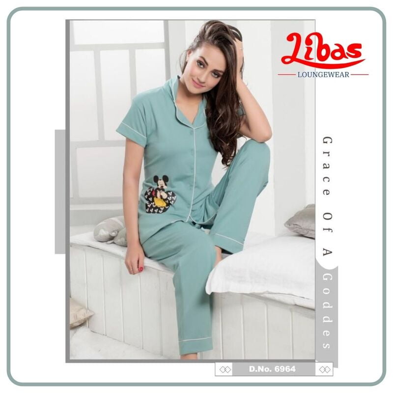Plain Sage Green Hosiery Plus Women's Nightsuit With Mickey Print From Libas Loungewear - FPS091