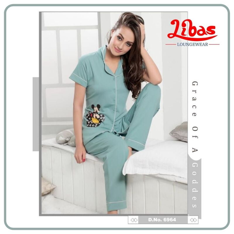 Plain Sage Green Hosiery Plus Women's Nightsuit With Mickey Print From Libas Loungewear - FPS091 Plain Sage Green Hosiery Plus Women's Nightsuit With Mickey Print From Libas Loungewear - FPS091