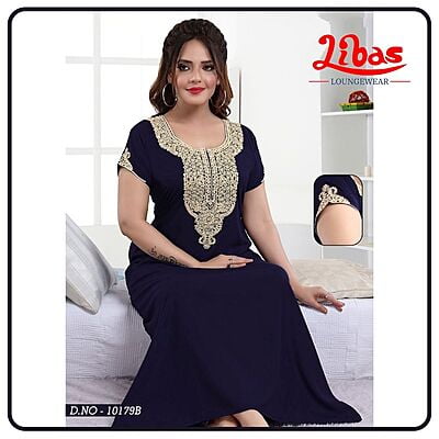 Dark Naby Blue Bizi Lizi Plain Embroidery Nighty From Libas Loungewear - EN084