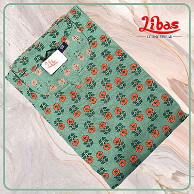 Summer Green Cotton Kaftan Nighty With Floral Print All Over From Libas Loungewear - KF311