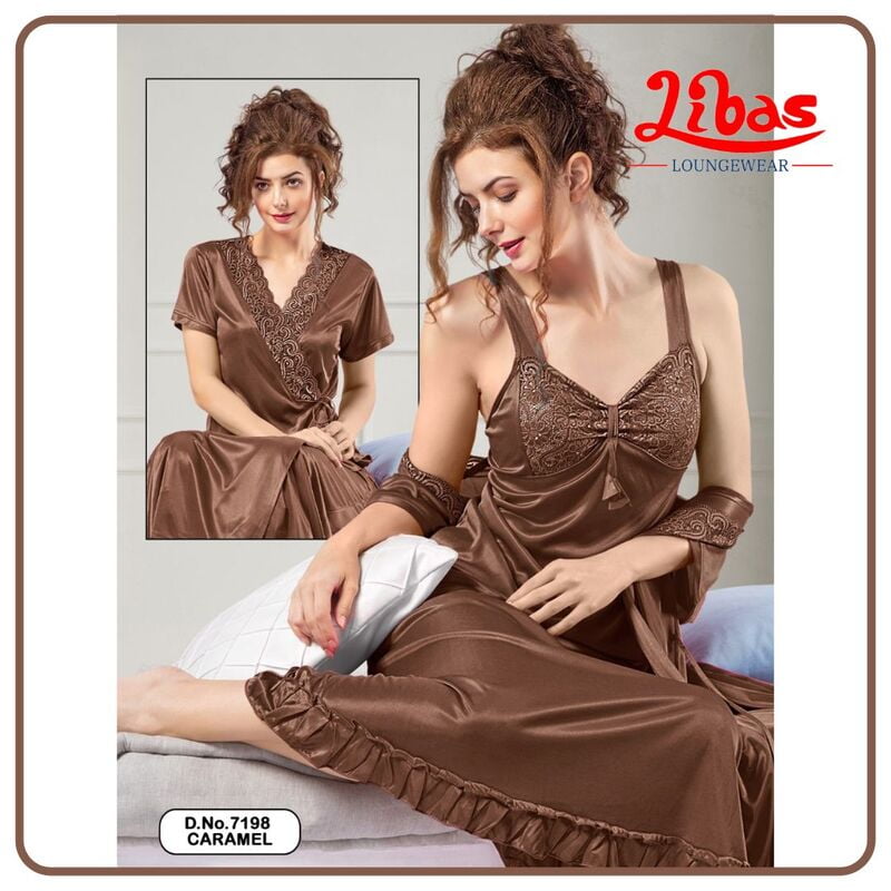 Plain Caramel Satin Two Piece Fancy Nighty From Libas Loungewear - FCN136