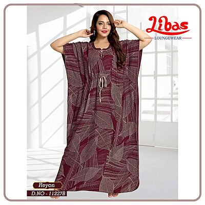 Bazaar & Maroon Premium Rayon Kaftan Nighty With Floral Print All Over From Libas Loungewear - KF323
