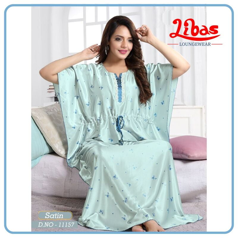 Foam Blue Armani Satin Kaftan Nighty With Butterfly Design All Over From Libas Loungewear - KF333