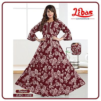 Scarlett Maroon Premium Rayon Anarkali Gown With Floral Print All Over From Libas Loungewear - AN067