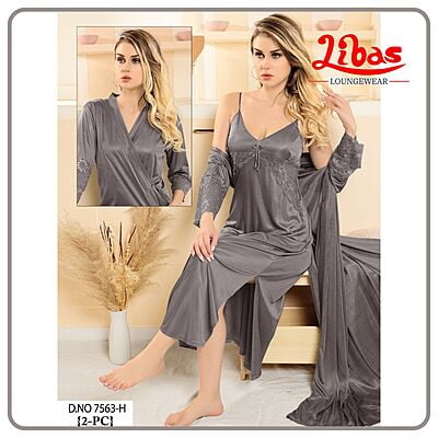 Plain Opium Grey Satin Two Piece Fancy Nighty From Libas Loungewear - FCN163