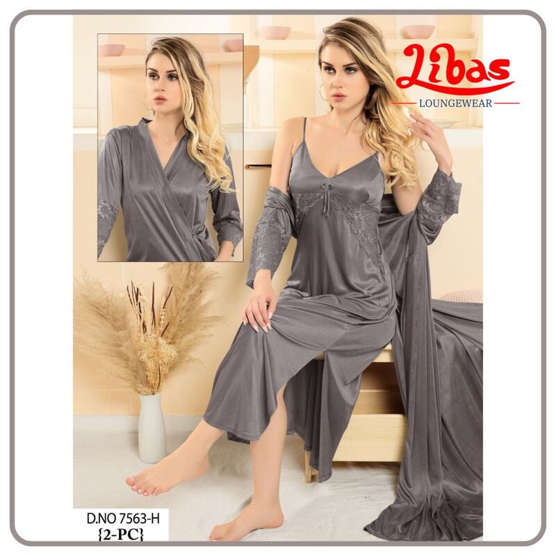 Plain Opium Grey Satin Two Piece Fancy Nighty From Libas Loungewear - FCN163 Plain Opium Grey Satin Two Piece Fancy Nighty From Libas Loungewear - FCN163
