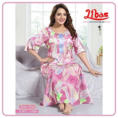 Kobi Pink Premium Satin Nighty With Geometric & Bell Sleeves Pattern From Libas Loungewear - ST084