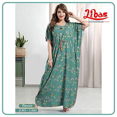 Cascade Green Premium Rayon Kaftan Nighty With Flower Design All Over From Libas Loungewear - KF366