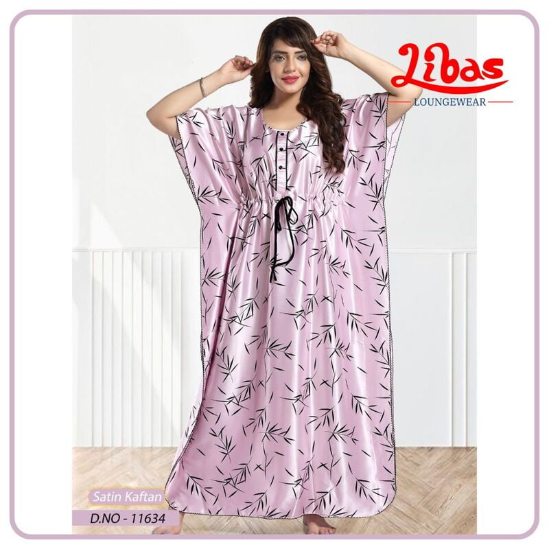 French Lilac Armani Satin Kaftan Nighty With Geometric Print All Over From Libas Loungewear - KF354