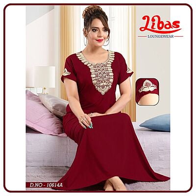 Burgundy Bizi Lizi Plain Embroidery Nighty From Libas Loungewear - EN161