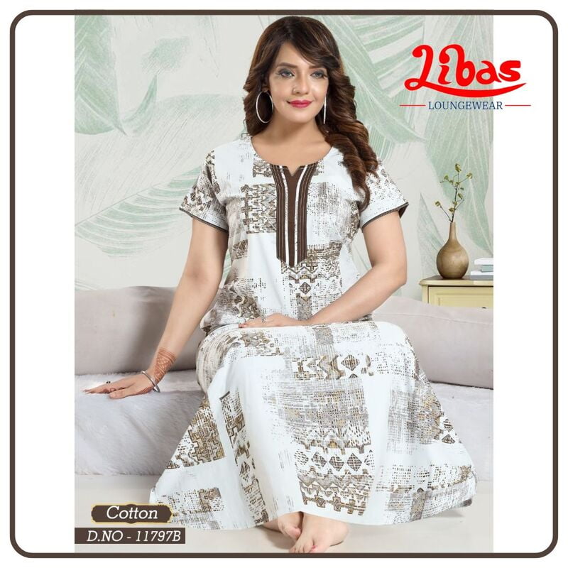 White & Brown Premium Cotton Nighty With Geometric Design All Over From Libas Loungewear - AL887
