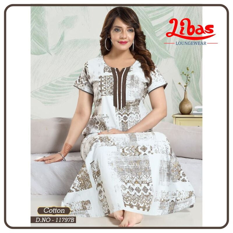 White & Brown Premium Cotton Nighty With Geometric Design All Over From Libas Loungewear - AL887 White & Brown Premium Cotton Nighty With Geometric Design All Over From Libas Loungewear - AL887