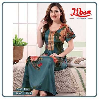 Paradiso Teal Premium Satin Nighty With Floral Print All Over From Libas Loungewear - ST097