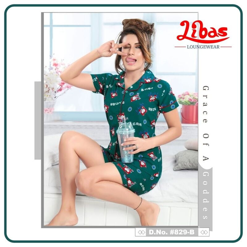 Sherpa Green Rayon Women Shorts Set With Bear Prints & Button Closure By Libas Loungewear - SPS013