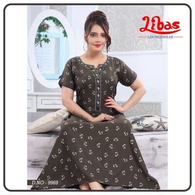 Crater Brown Spun Cotton Nighty With Embroidery & Leaf Print All Over From Libas Loungewear - AL540