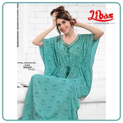 Fountain Bluish green alphine kaftan nighty with floral prints from libas loungewear-KF216