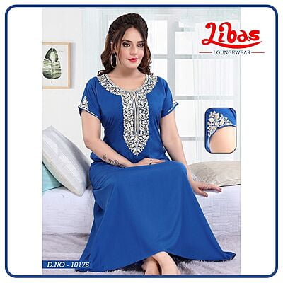 Cerulean Blue Bizi Lizi Plain Embroidery Nighty From Libas Loungewear - EN086