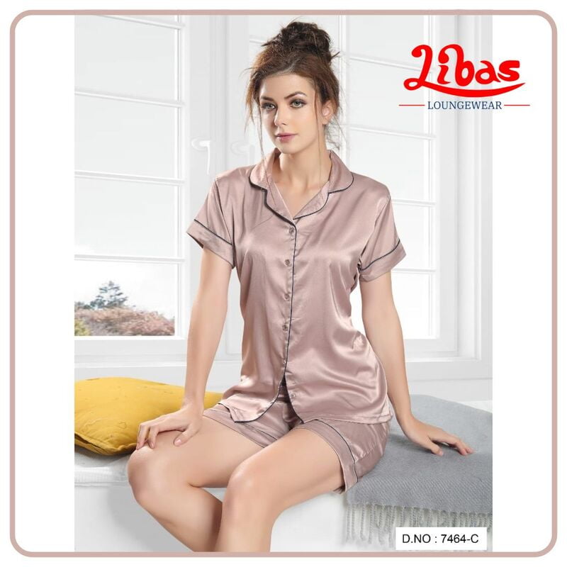 Oyster Pink Armani Satin Women Shorts Set With Button Closure By Libas Loungewear - SPS016