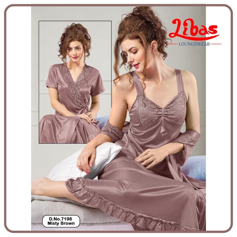 Plain Misty Brown Satin Two Piece Fancy Nighty From Libas Loungewear - FCN135