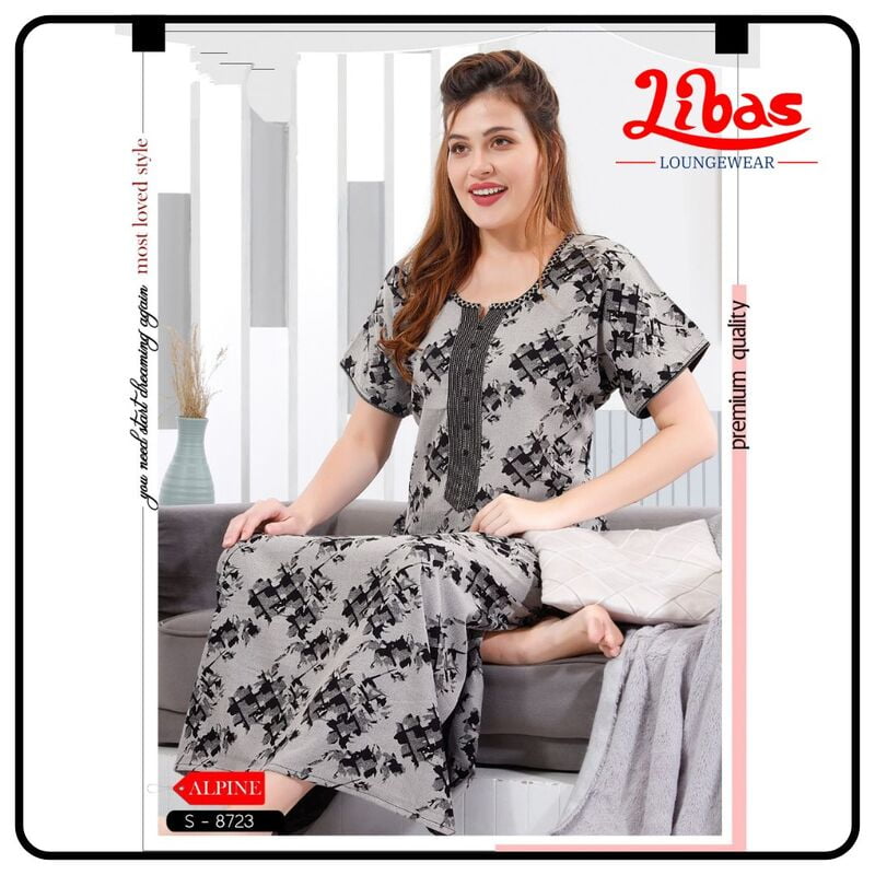 Jaguar Black Spun Cotton Nighty With Block Print All Over From Libas Loungewear - AL847 Jaguar Black Spun Cotton Nighty With Block Print All Over From Libas Loungewear - AL847