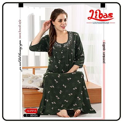 Dark Green Alpine Long Sleeve Nighty With Tiny Floral & Polka Print From Libas Loungewear - LSN177