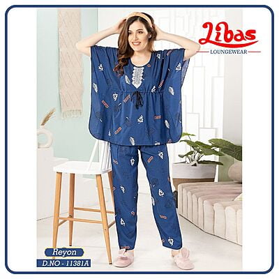Fun Blue Premium Rayon Kaftan Night Suit With Feather & Leaf Print From Libas Loungewear - KNS04