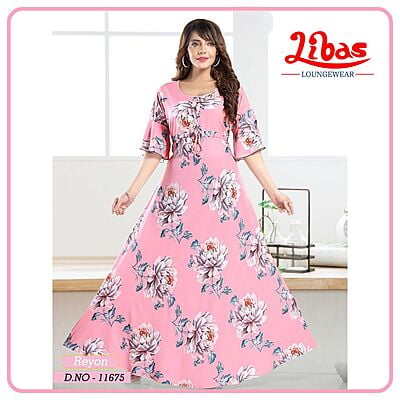 Cupid Pink Premium Rayon Anarkali Gown With Floral Print All Over From Libas Loungewear - AN065