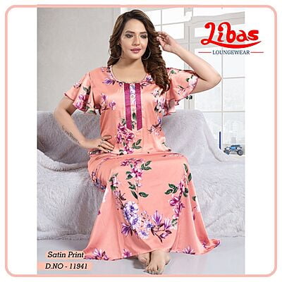 Peach Premium Satin Nighty With Floral Print & Puff Sleeves Pattern From Libas Loungewear - ST080