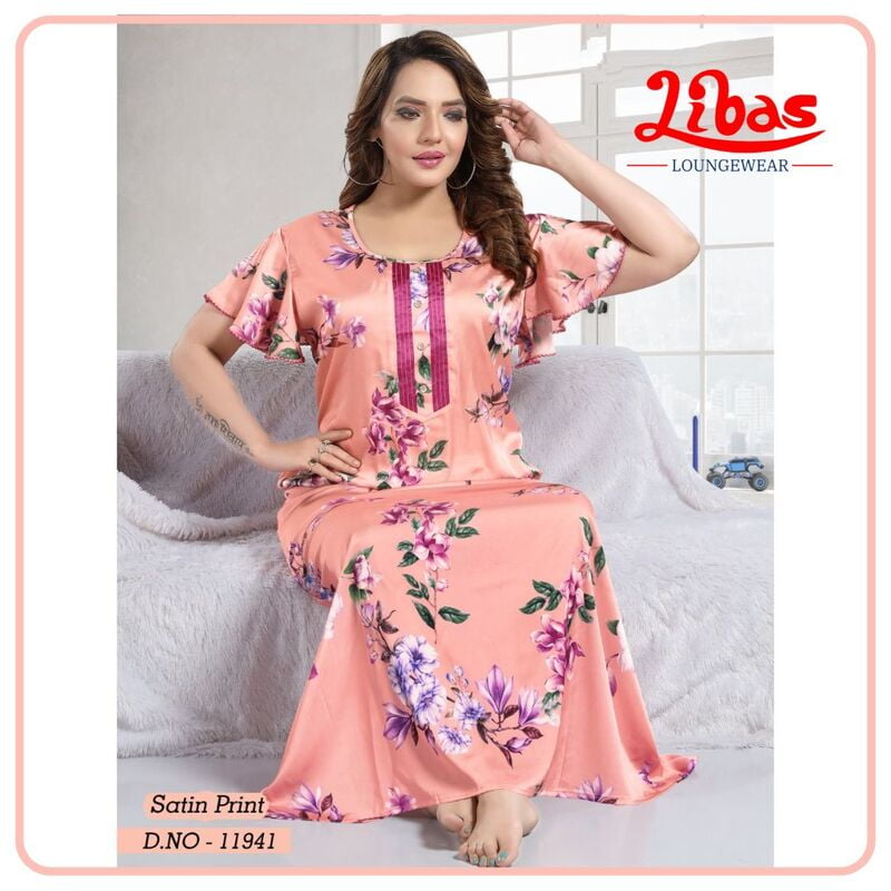 Peach Premium Satin Nighty With Floral Print & Puff Sleeves Pattern From  Libas Loungewear - ST080