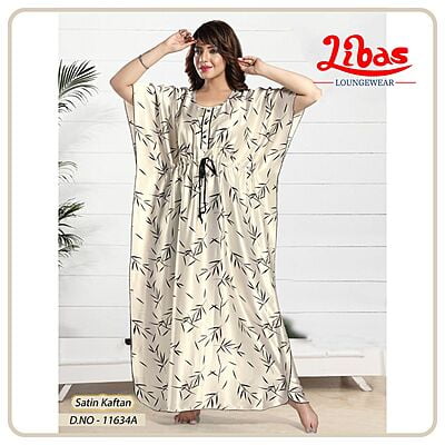 Bleach White Armani Satin Kaftan Nighty With Geometric Print All Over From Libas Loungewear - KF355