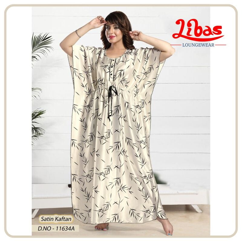 Bleach White Armani Satin Kaftan Nighty With Geometric Print All Over From Libas Loungewear - KF355