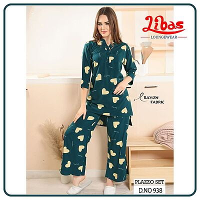 Teal Green Premium Rayon Women Night Suit With Palazzo Style From Libas Loungewear - FPS133