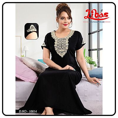 Dark Black Bizi Lizi Plain Embroidery Nighty From Libas Loungewear - EN160