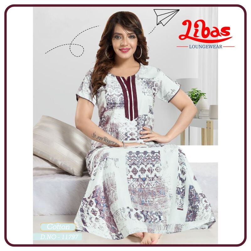 White & Wine Premium Cotton Nighty With Geometric Design All Over From Libas Loungewear - AL888