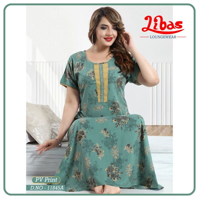 Bakre Teal Bizi Lizi Print Nighty With Floral Design All Over From Libas Loungewear - PS506 Bakre Teal Bizi Lizi Print Nighty With Floral Design All Over From Libas Loungewear - PS506