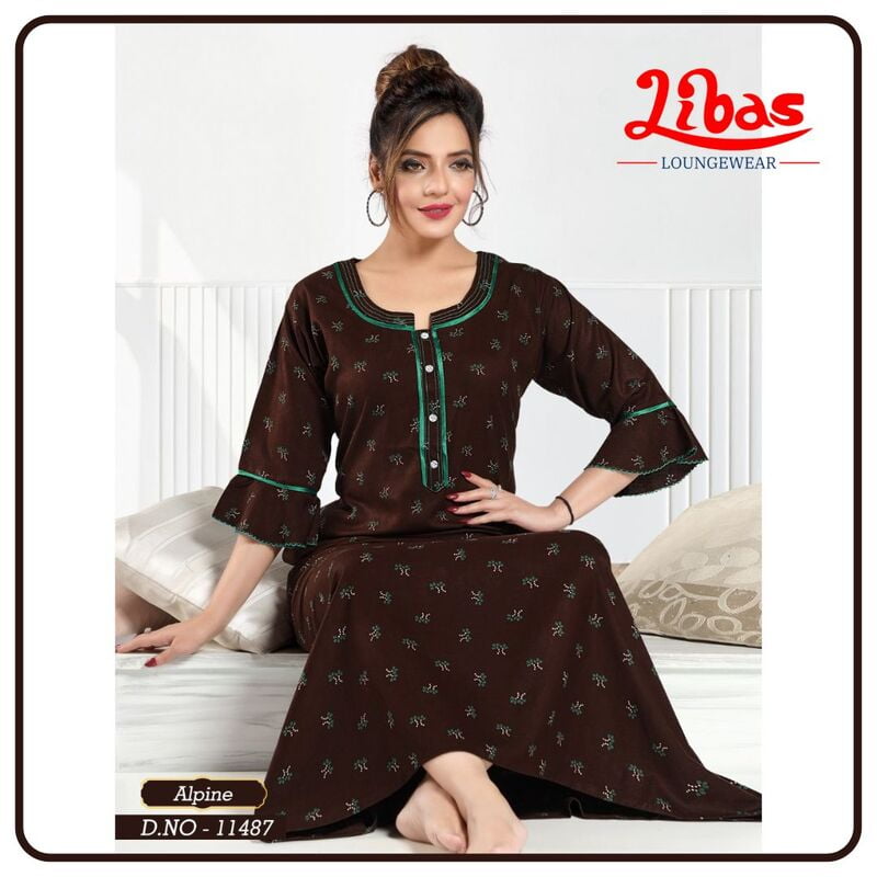 Wood Brown Spun Cotton Long Sleeve Nighty With Tiny Floral Design From Libas Loungewear - LSN195
