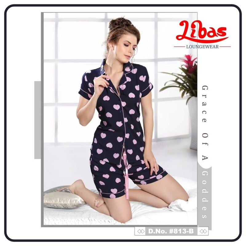 Navy Blue Rayon Women Shorts Set With Heart Prints & Button Closure By Libas Loungewear - SPS011