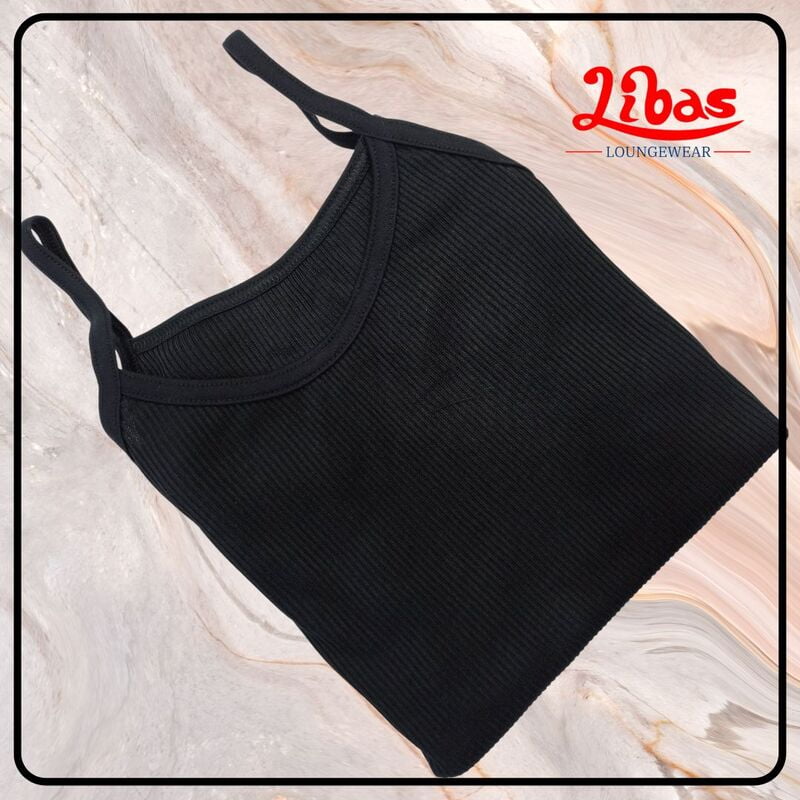 Black Hosiery Cotton Short Slip With Self Stripe Texture From Libas Loungewear - SS015 Black Hosiery Cotton Short Slip With Self Stripe Texture From Libas Loungewear - SS015