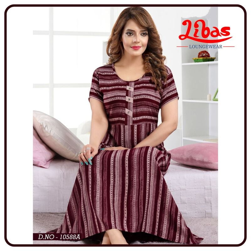 Rustic Red Premium Rayon Nighty With Stripes Design All Over From Libas Loungewear - PS460 Rustic Red Premium Rayon Nighty With Stripes Design All Over From Libas Loungewear - PS460