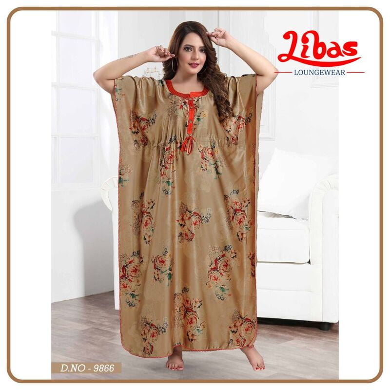 Sorrell Brown Armani Satin Kaftan Nighty With Floral Design All Over From Libas Loungewear - KF335 Sorrell Brown Armani Satin Kaftan Nighty With Floral Design All Over From Libas Loungewear - KF335