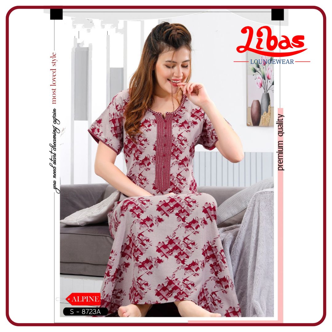 Carmine Maroon Spun Cotton Nighty With Block Print All Over From Libas Loungewear - AL848