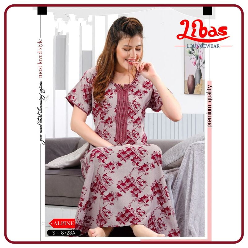 Carmine Maroon Spun Cotton Nighty With Block Print All Over From Libas Loungewear - AL848 Carmine Maroon Spun Cotton Nighty With Block Print All Over From Libas Loungewear - AL848