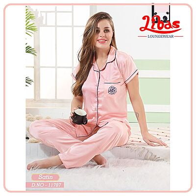 Plain Baby Pink Armani Satin Women Night Suit With Collar Style From Libas Loungewear - FPS128